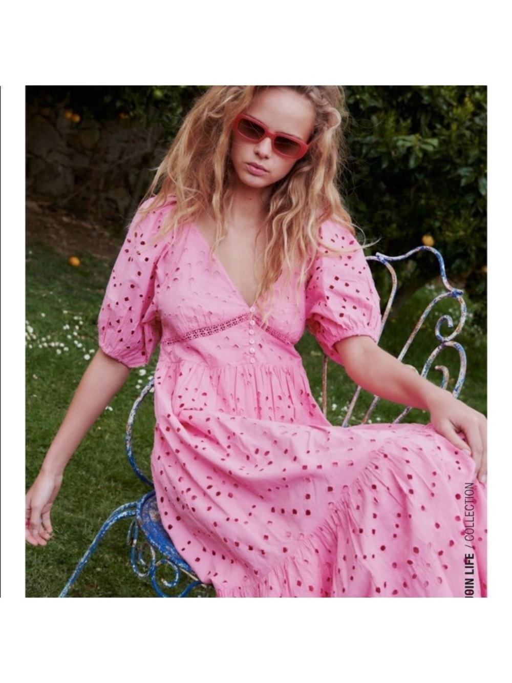 Zara Pink Eyelet V-Neck Maxi Dress with Puff Sleeves